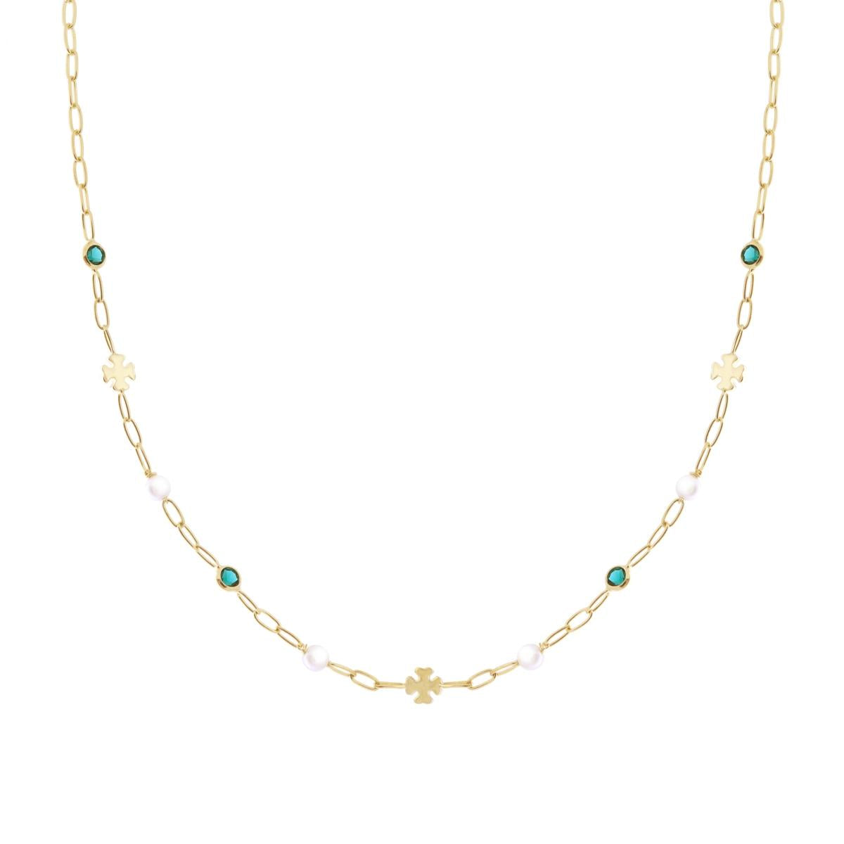 Collana Catena Forzatina Diamantata con Tondi Verde Smeraldo Cubic Zirconia Quadrifogli plain e Perle in ARGENTO 925 Galvanica Oro