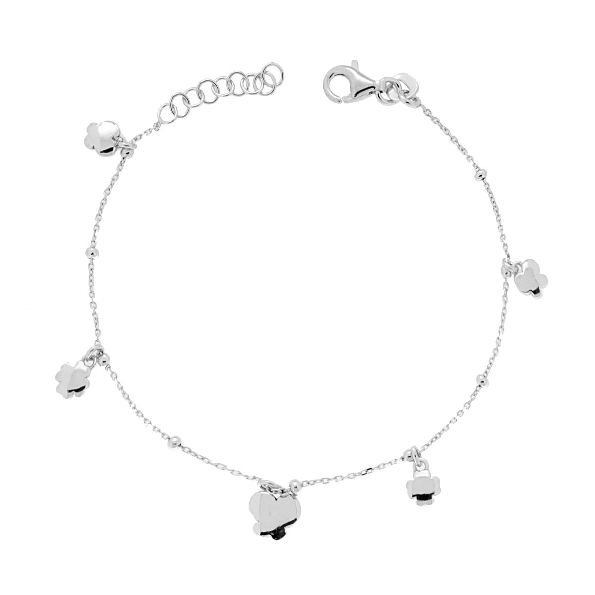 Bracciale Catena Forzatina Diamantata con Farfalle e Quadrifogli bombati pendenti in ARGENTO 925 Galvanica Rodio