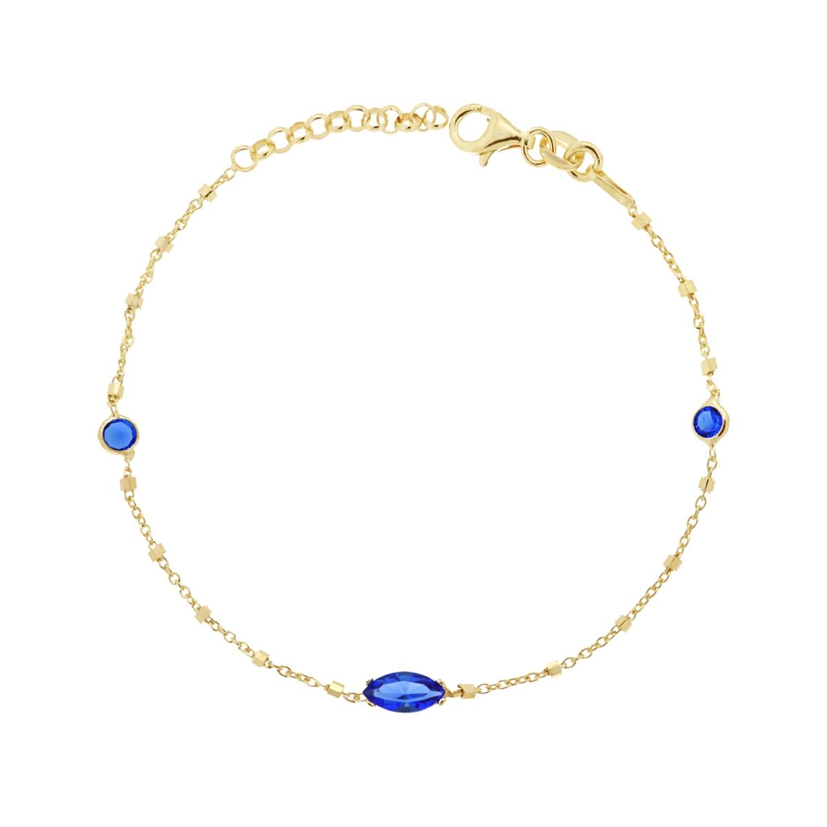 Bracciale Catena Forzatina e Cubetti Diamantati con Cubic Zirconia Tondi e Ovale Blu Zaffiro in ARGENTO 925 Galvanica Oro