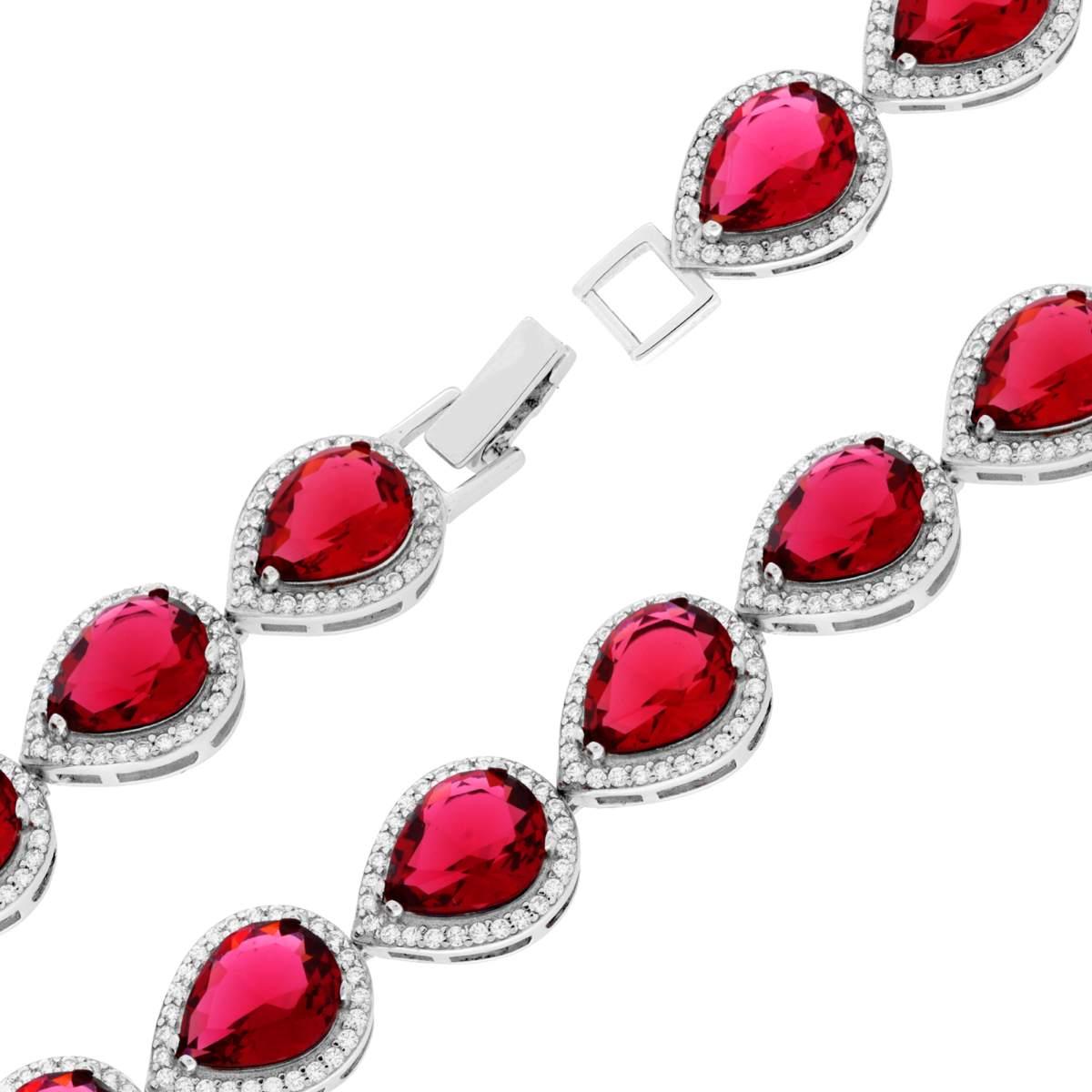 Bracciale Tennis Griffe cm 18 Goccia Rosso Rubino contornati da Cubic Zirconia Bianchi in ARGENTO 925 Galvanica Rodio