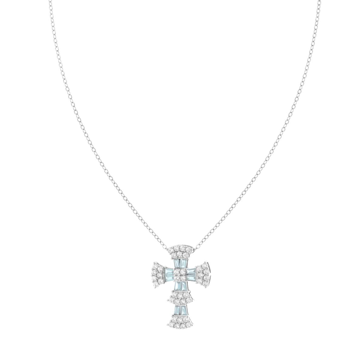 Collana Catena Forzatina Diamantata Croce con Cubic Zirconia Trapezio Acquamarina e Cubic Zirconia Bianchi in ARGENTO 925 Galvanica Rodio