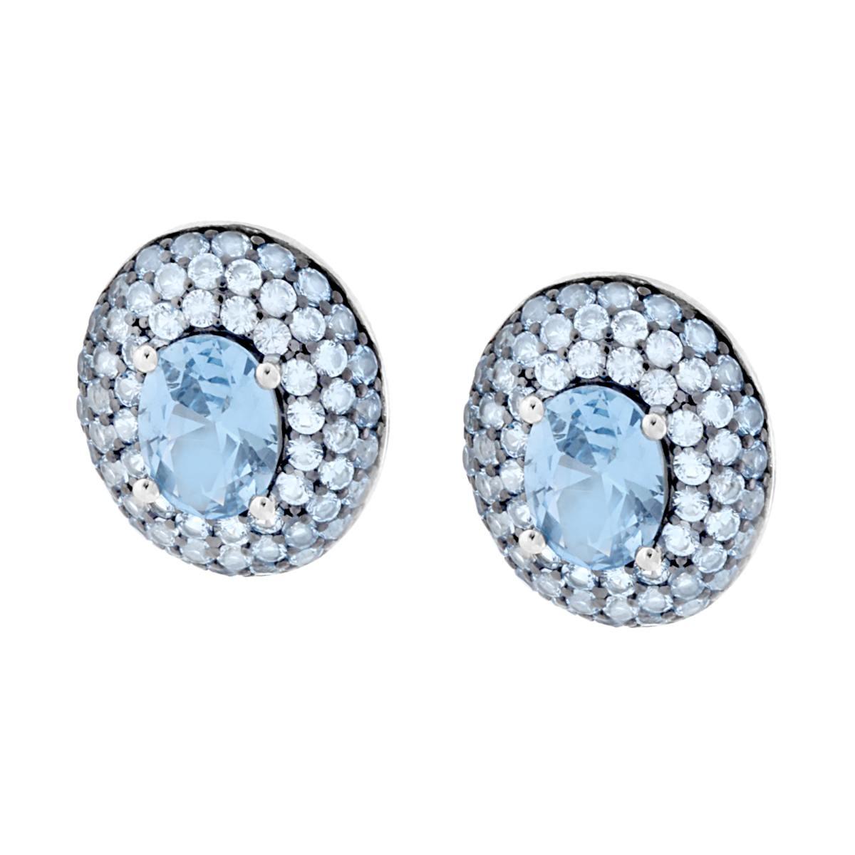 Orecchini Bottone Ovale con Cubic Zirconia Acquamarina in ARGENTO 925 Galvanica Rodio
