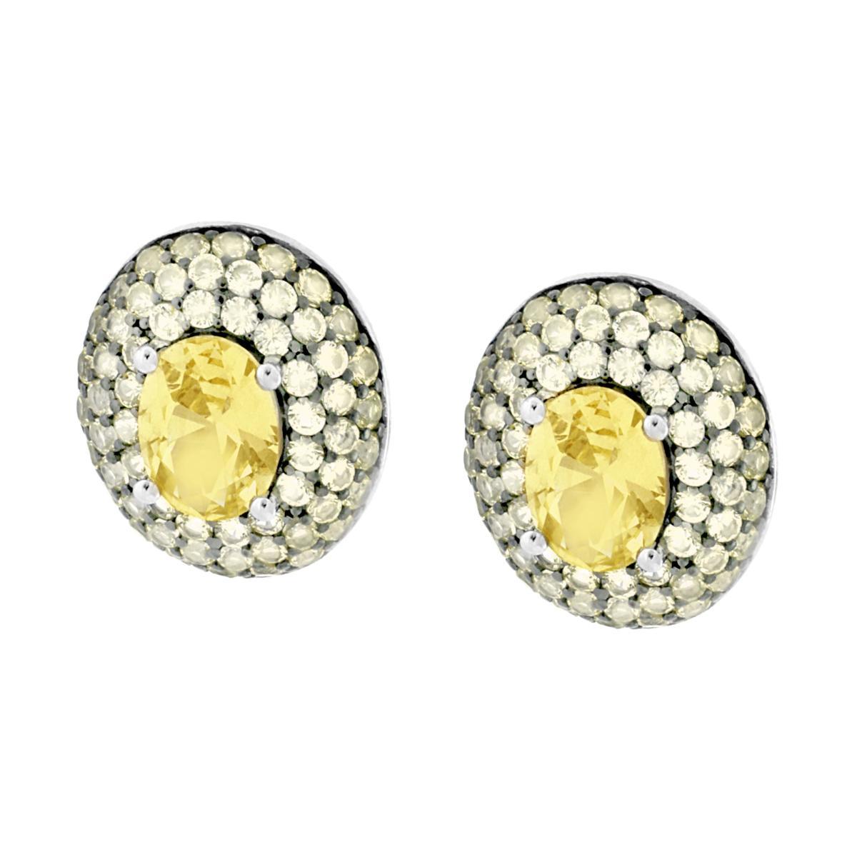 Orecchini Bottone Ovale con Cubic Zirconia Topazio Giallo in ARGENTO 925 Galvanica Rodio