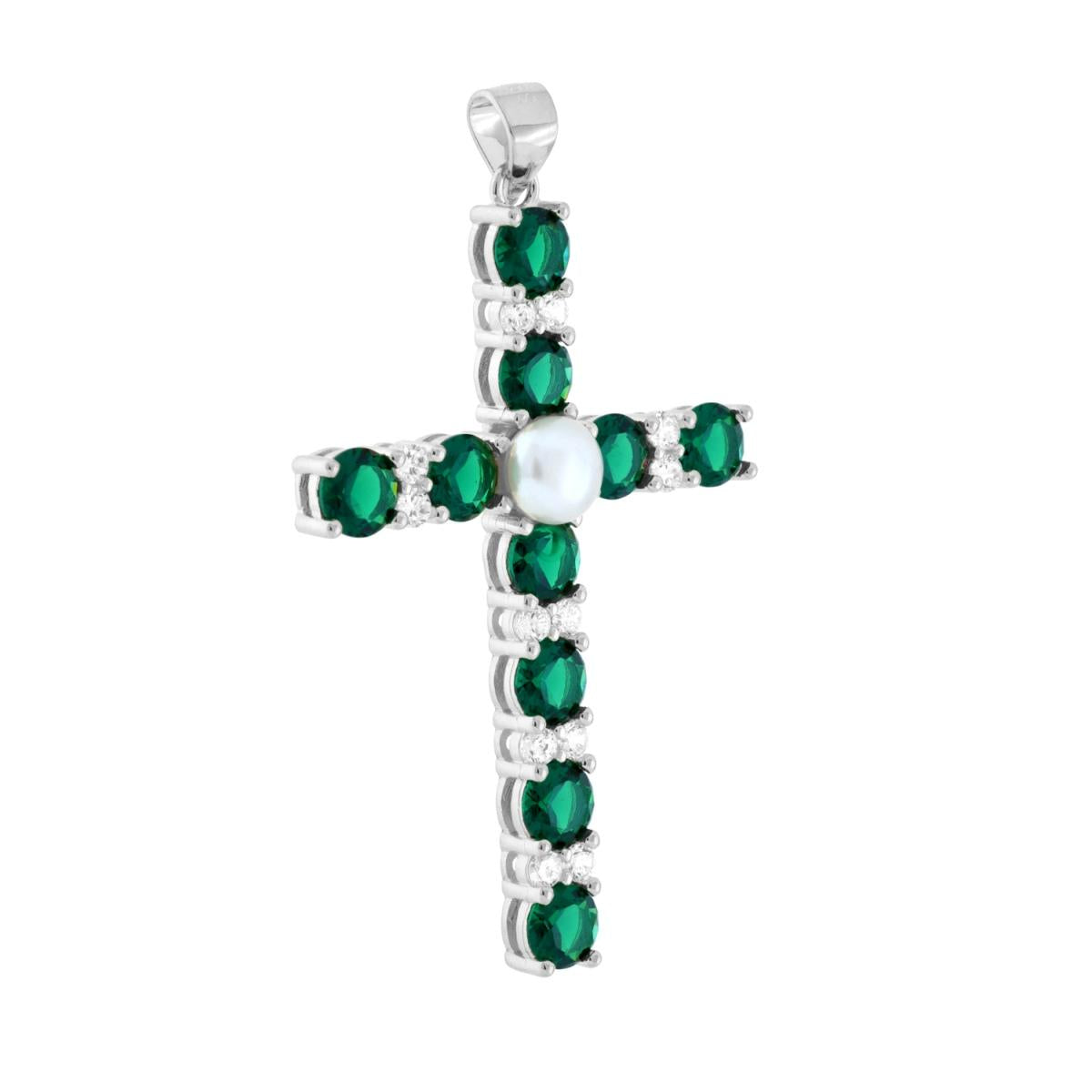Ciondolo Croce con Cubic Zirconia Verde Smeraldo Bianchi e Perla in ARGENTO 925 Galvanica Rodio