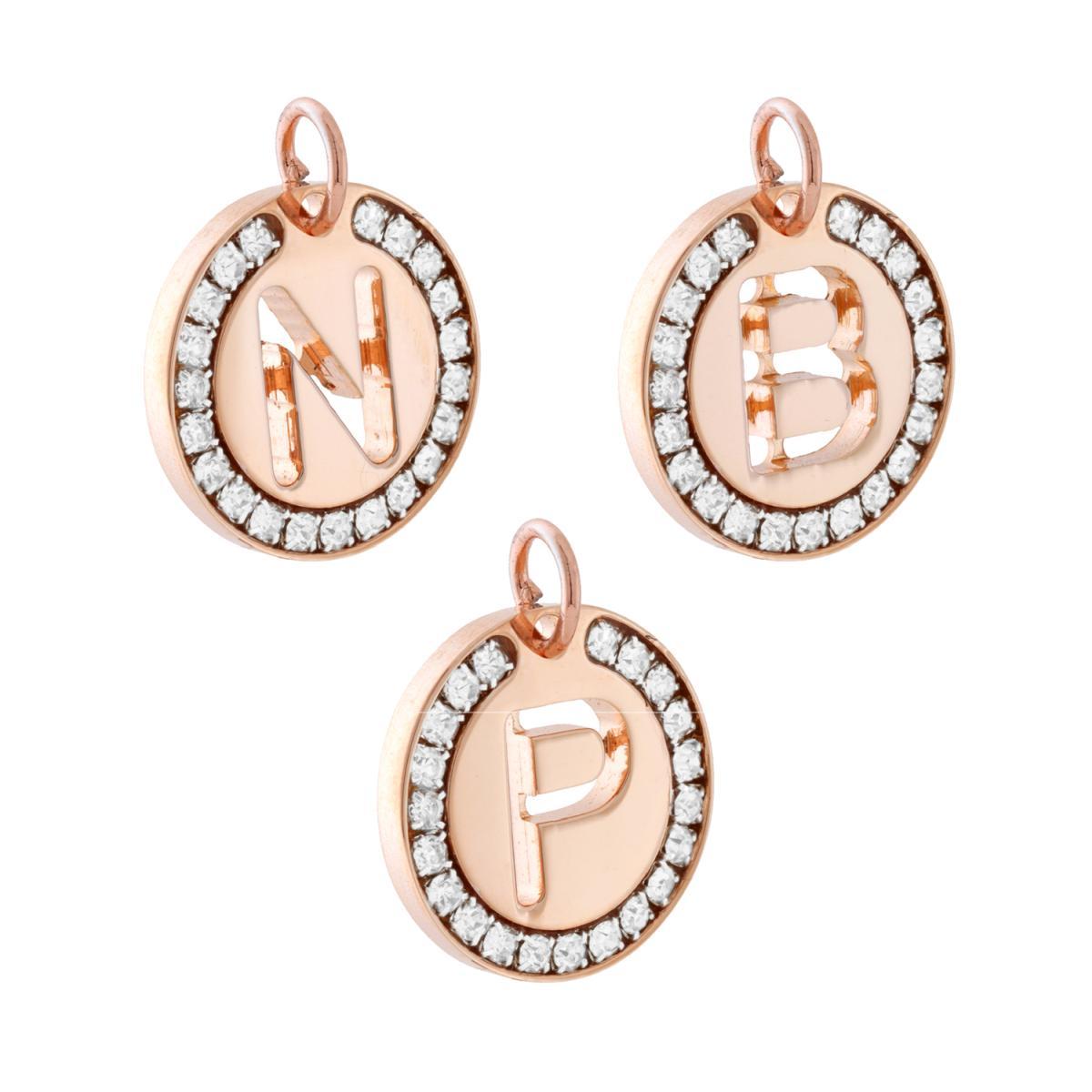 Ciondolo Tondo mm 20 con Lettera Iniziale Nome traforata e Crystal Bianchi in ACCIAIO colore Rosa