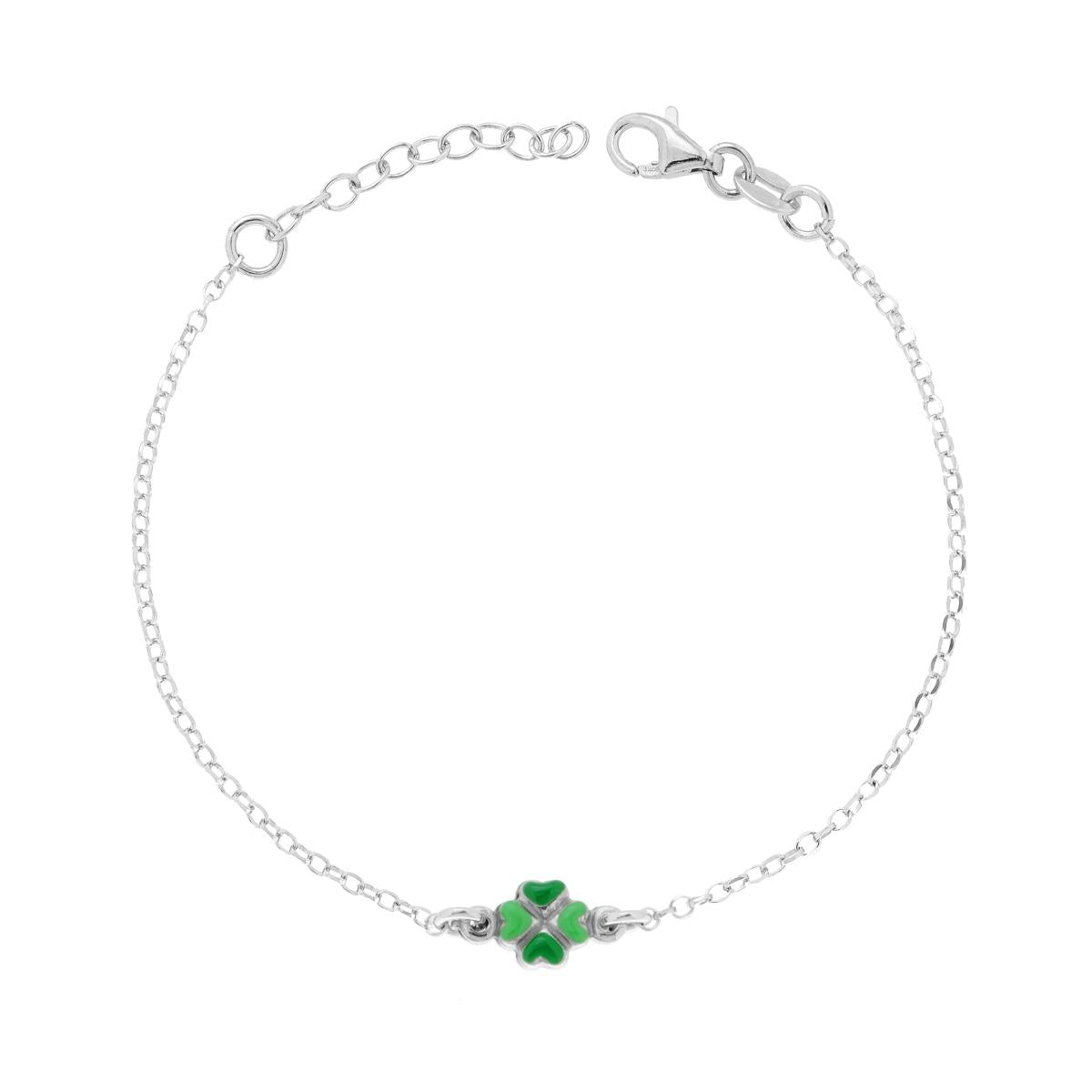 Bracciale Bimbo Bimba Catena Rolo con Quadrifoglio smalto Verde in ARGENTO 925 Galvanica Rodio
