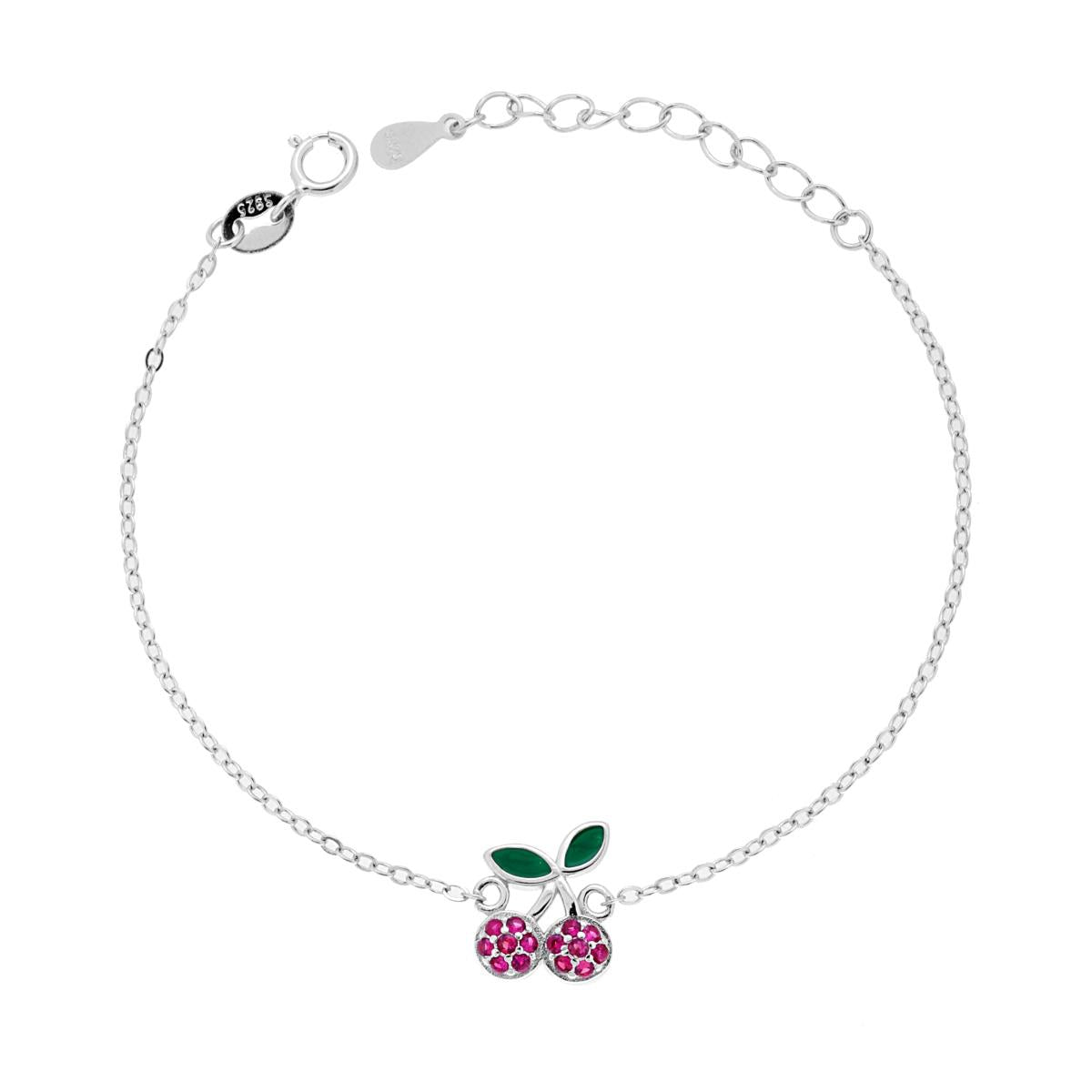 Bracciale Bimbo Bimba Catena Forzatina Diamantata con Ciliegie e Cubic Zirconia Rosso Rubino con smalto Verde in ARGENTO 925 Galvanica Rodio