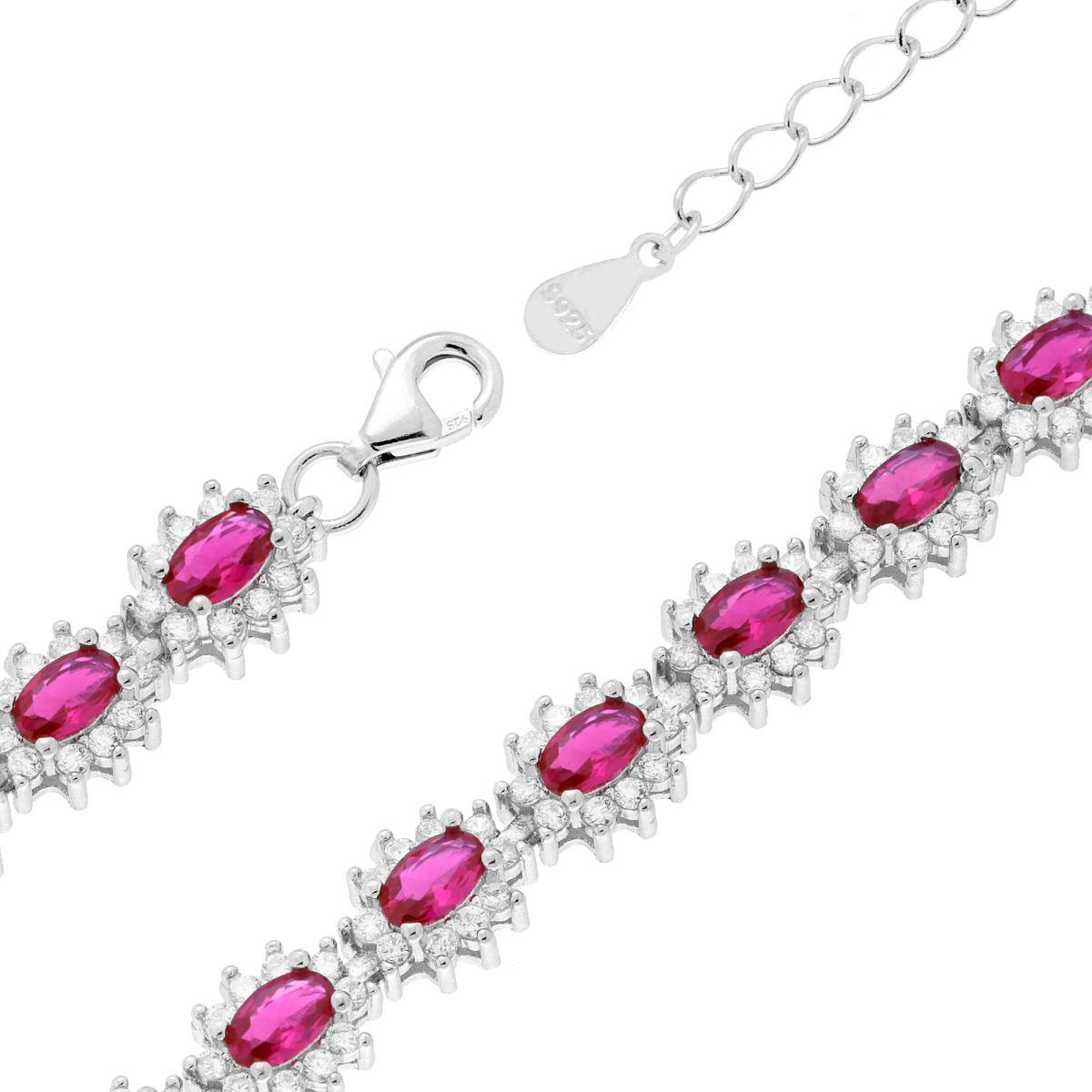 Bracciale Tennis Griffe cm 18+3 Ovale con Cubic Zirconia Rosso Rubino contornato da Cubic Zirconia Bianchi in ARGENTO 925 Galvanica Rodio