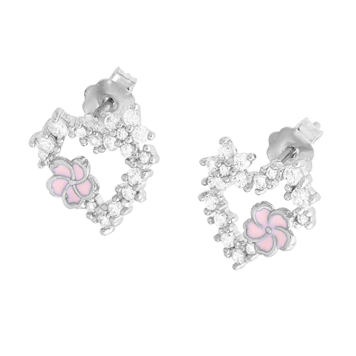 Orecchini Cuore con Cubic Zirconia Bianchi e Fiore smalto Rosa in ARGENTO 925 Galvanica Rodio