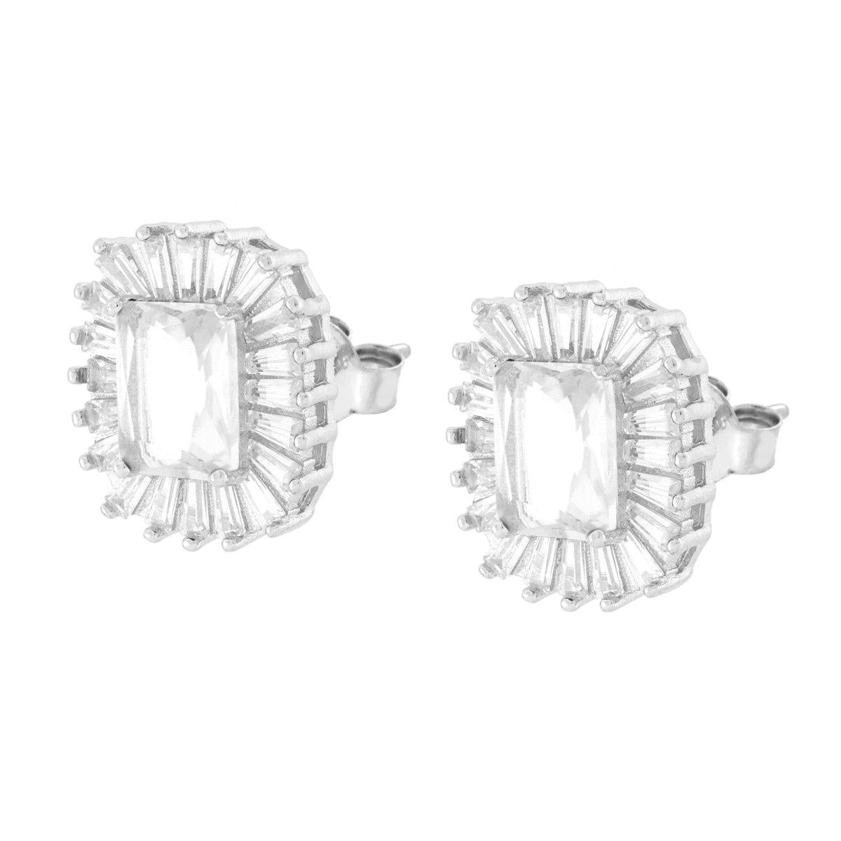 Orecchini Rettangolari Cubic Zirconia Bianco contornato da Cubic Zirconia Trapezio Bianchi in ARGENTO 925 Galvanic Rhodium