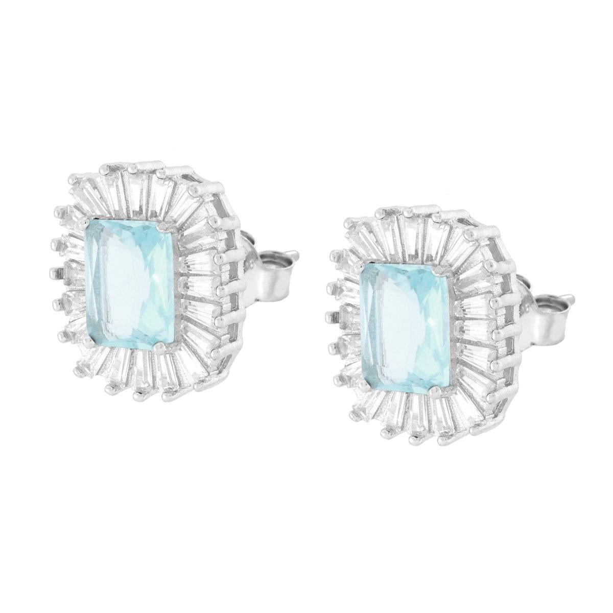 Orecchini Rettangolari Cubic Zirconia Acquamarina contornato da Cubic Zirconia Trapezio Bianchi in ARGENTO 925 Galvanic Rhodium