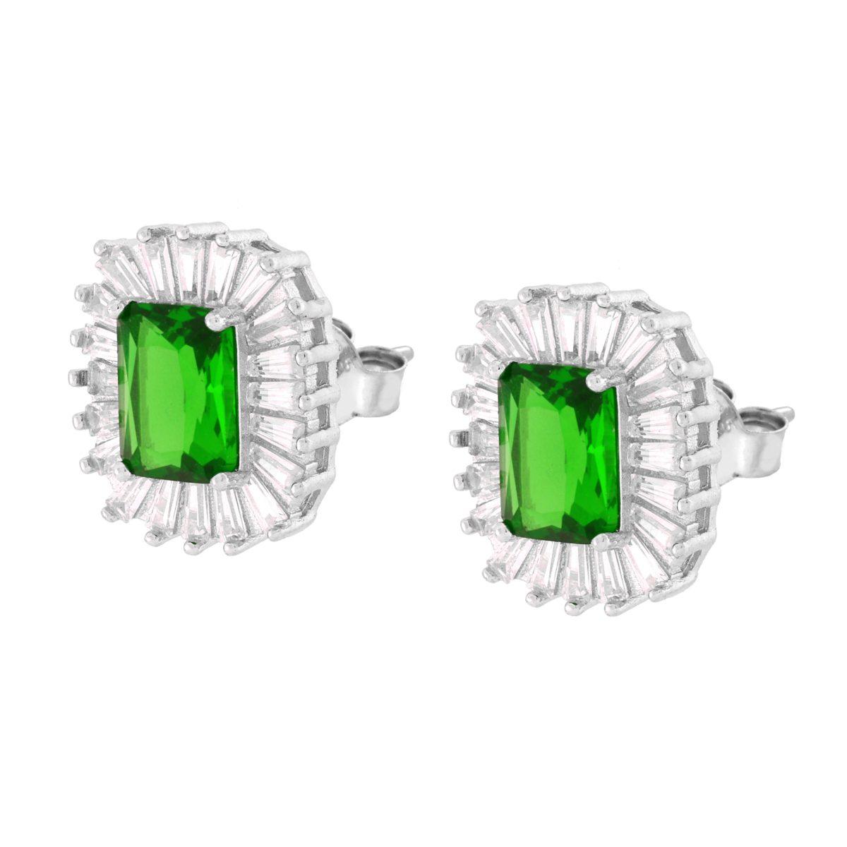 Orecchini Rettangolari Cubic Zirconia Verde Smeraldo contornato da Cubic Zirconia Trapezio Bianchi in ARGENTO 925 Galvanic Rhodium