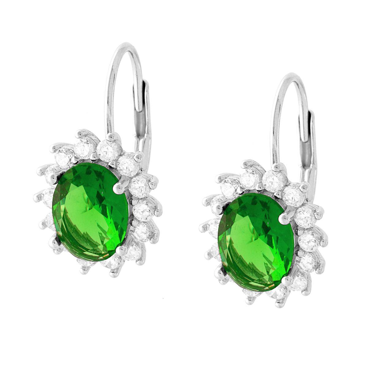 Orecchini Monachella con Ovale Verde Smeraldo contornato da Cubic Zirconia Bianchi in ARGENTO 925 Galvanica Rodio