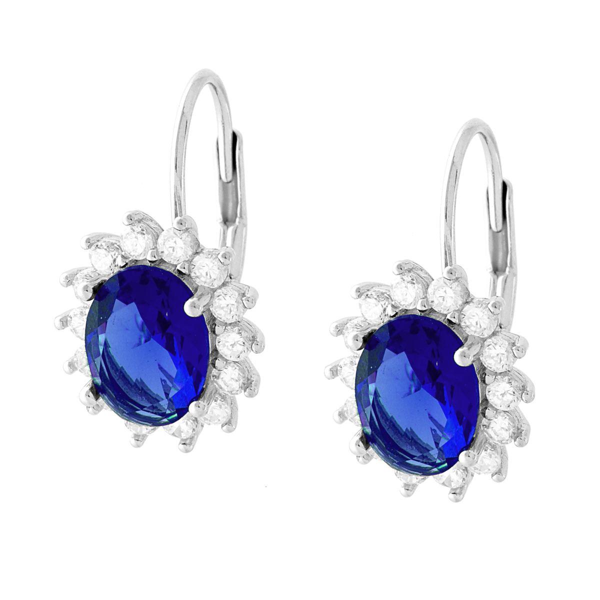 Orecchini Monachella con Ovale Blu Zaffiro contornato da Cubic Zirconia Bianchi in ARGENTO 925 Galvanica Rodio