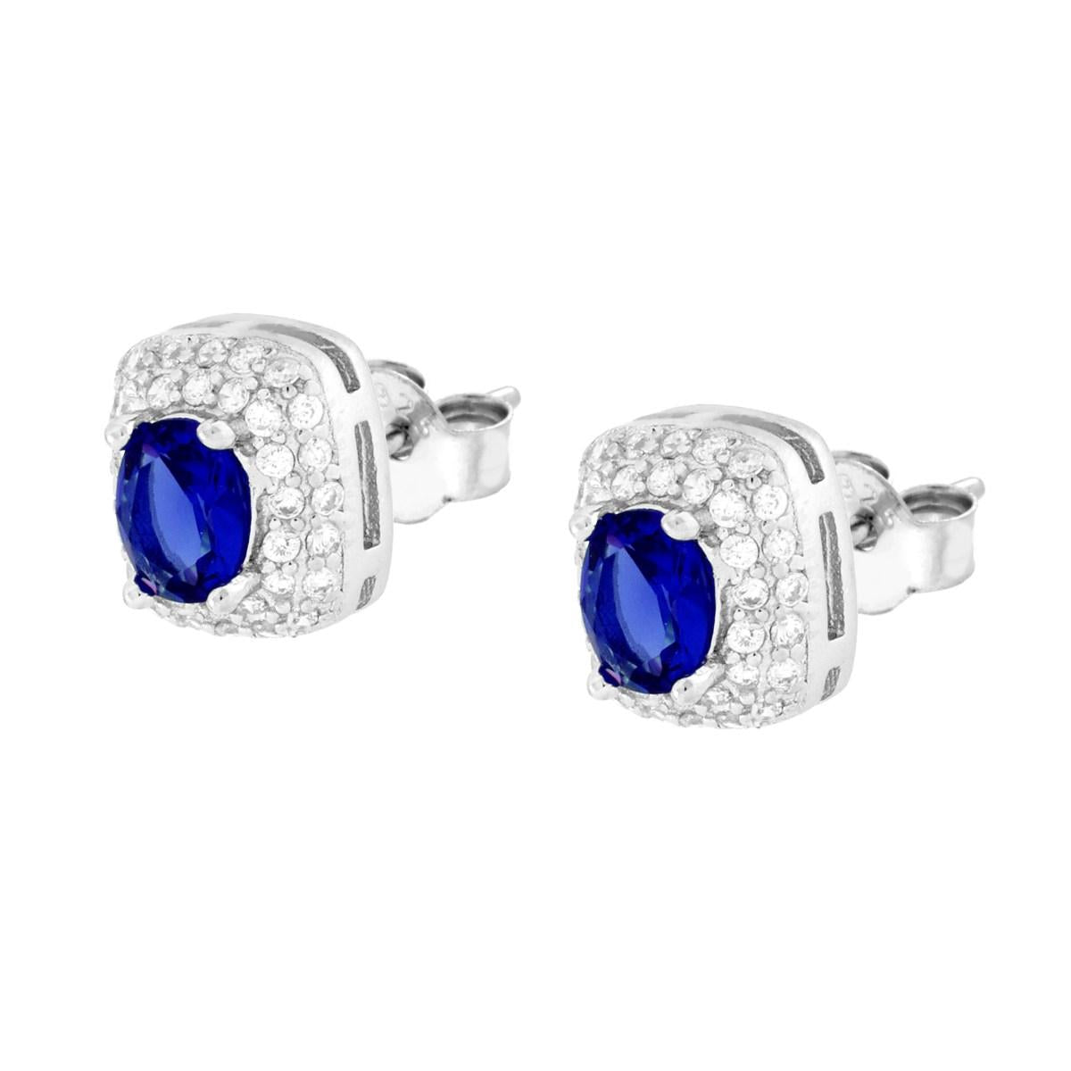 Orecchini Rettangolari Cubic Zirconia Ovale Blu Zaffiro contornato da Cubic Zirconia Bianchi in ARGENTO 925 Galvanica Rodio