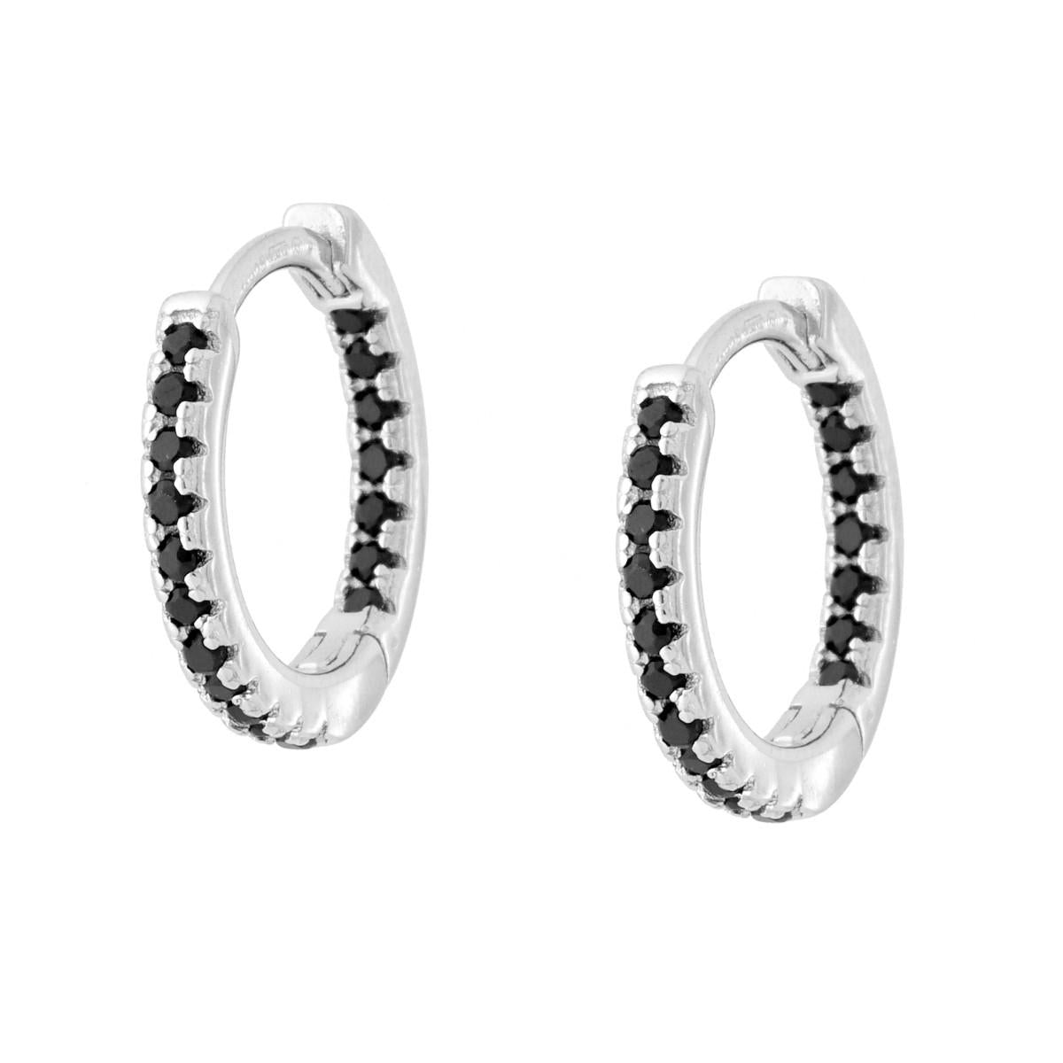 Orecchini Cerchio Scattino mm 15 con Cubic Zirconia Neri in ARGENTO 925 Galvanica Rodio