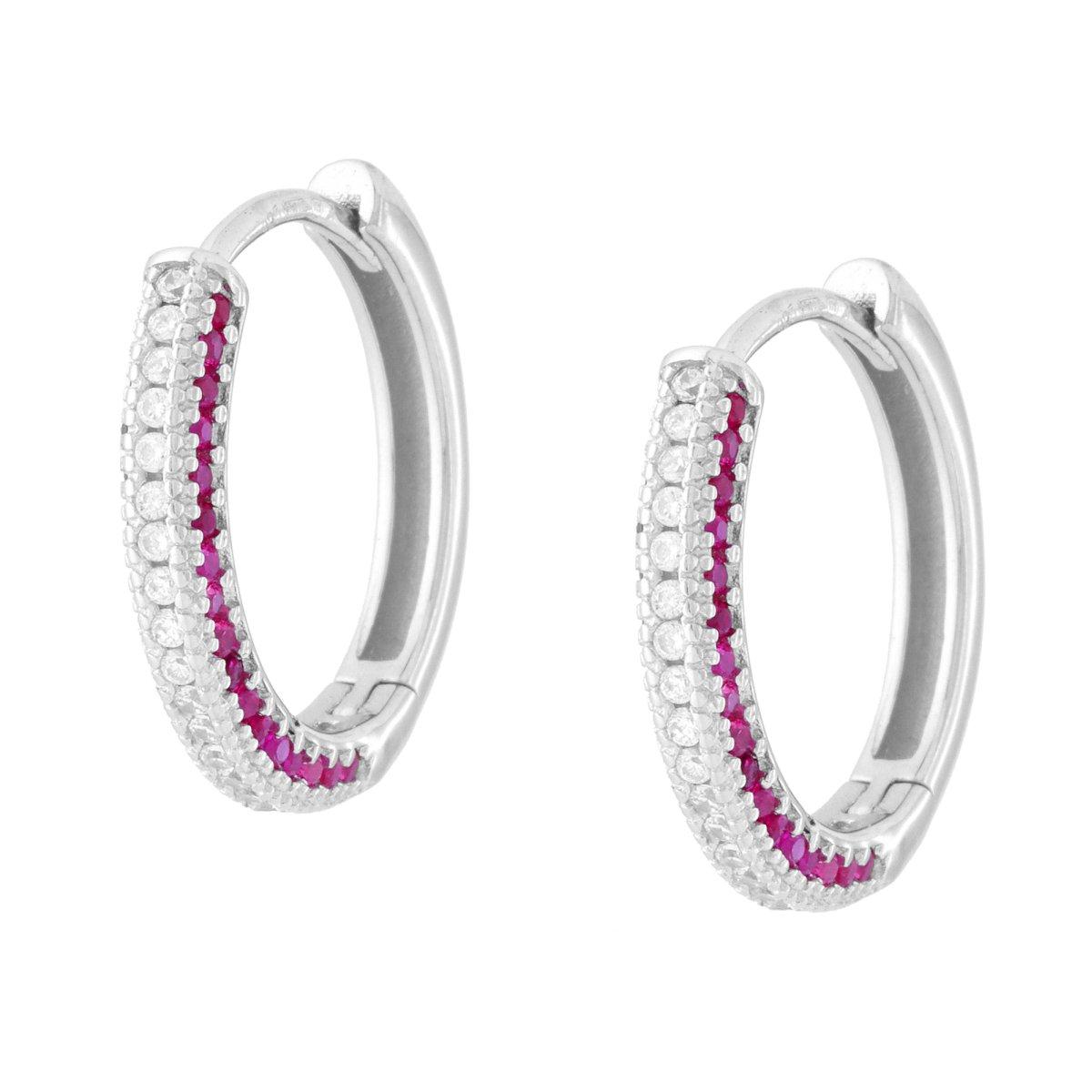 Orecchini Cerchio Scattino con Cubic Zirconia Rosso Rubino e Bianco in ARGENTO 925 Galvanica Rodio