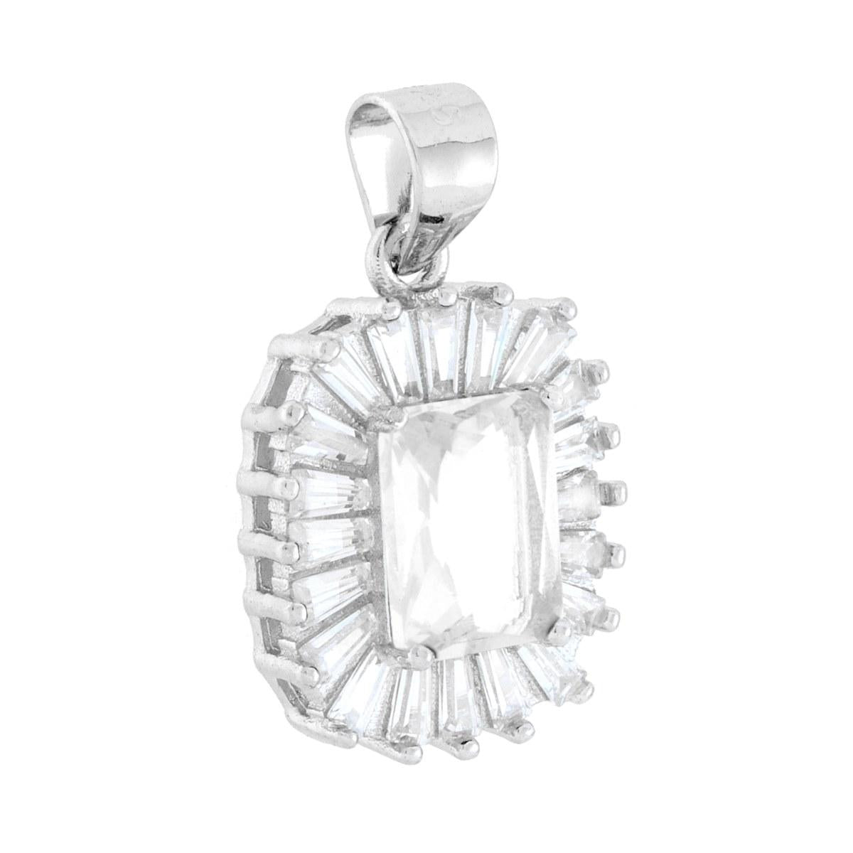 Ciondolo Rettangolare Cubic Zirconia Bianco contornato da Cubic Zirconia Trapezio Bianchi in ARGENTO 925 Galvanica Rodio