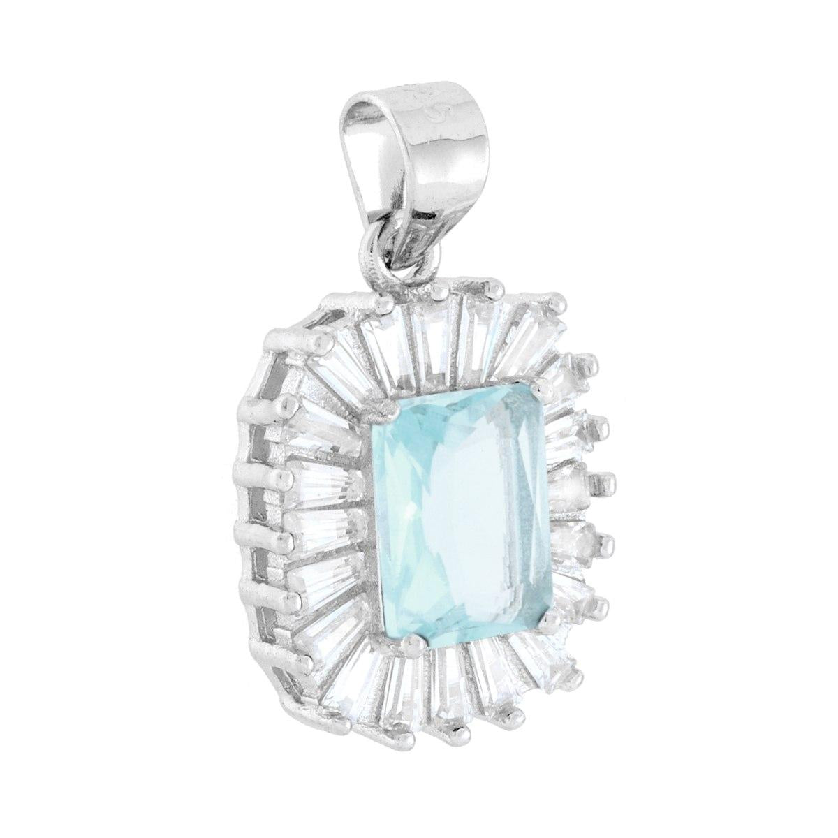 Ciondolo Rettangolare Cubic Zirconia Acquamarina contornato da Cubic Zirconia Trapezio Bianchi in ARGENTO 925 Galvanica Rodio