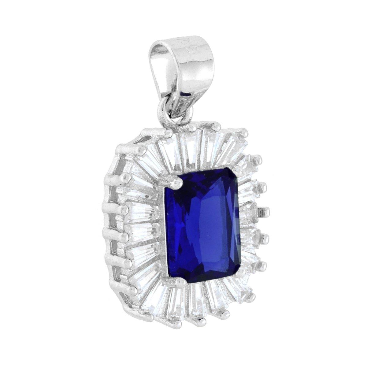 Ciondolo Rettangolare Cubic Zirconia Blu Zaffiro contornato da Cubic Zirconia Trapezio Bianchi in ARGENTO 925 Galvanica Rodio