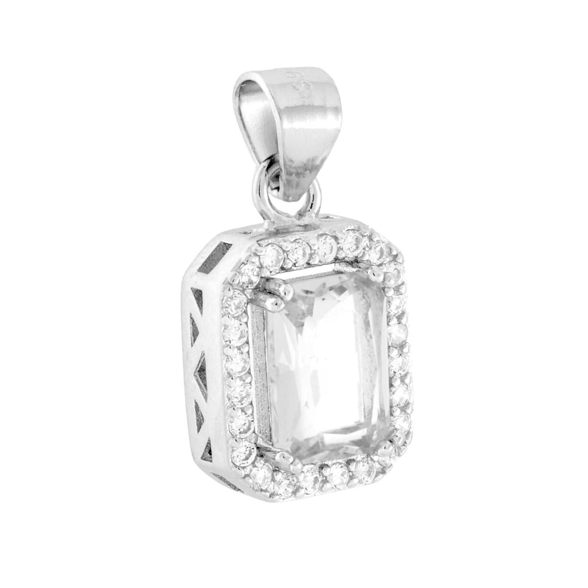 Ciondolo Rettangolare Cubic Zirconia Bianco contornato da Cubic Zirconia Bianchi in ARGENTO 925 Galvanica Rodio