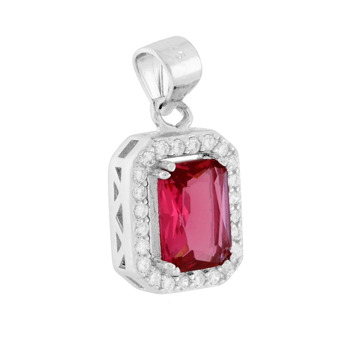Ciondolo Rettangolare Cubic Zirconia Rosso Rubino contornato da Cubic Zirconia Bianchi in ARGENTO 925 Galvanica Rodio
