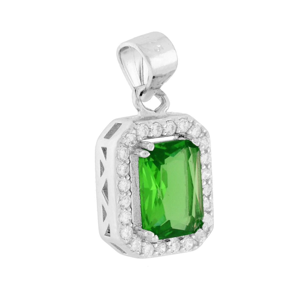 Ciondolo Rettangolare Cubic Zirconia Verde Smeraldo contornato da Cubic Zirconia Bianchi in ARGENTO 925 Galvanica Rodio