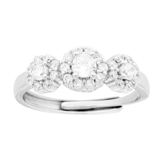 Anello Trilogy Fiore Bianco contornato da Cubic Zirconia Bianchi in ARGENTO 925 Galvanica Rodio