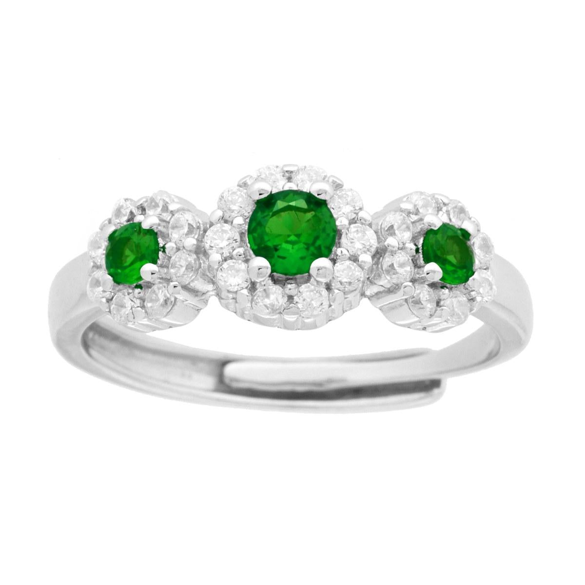 Anello Trilogy Fiore Verde Smeraldo contornato da Cubic Zirconia Bianchi in ARGENTO 925 Galvanica Rodio