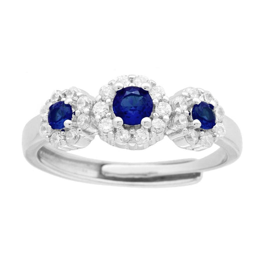 Anello Trilogy Fiore Blu Zaffiro contornato da Cubic Zirconia Bianchi in ARGENTO 925 Galvanica Rodio