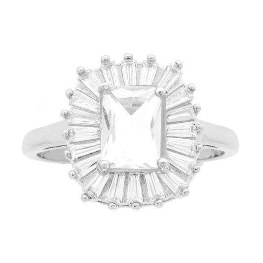 Anello Solitario Rettangolare Cubic Zirconia Bianco contornato da Cubic Zirconia Trapezio Bianchi in ARGENTO 925 Galvanica Rodio