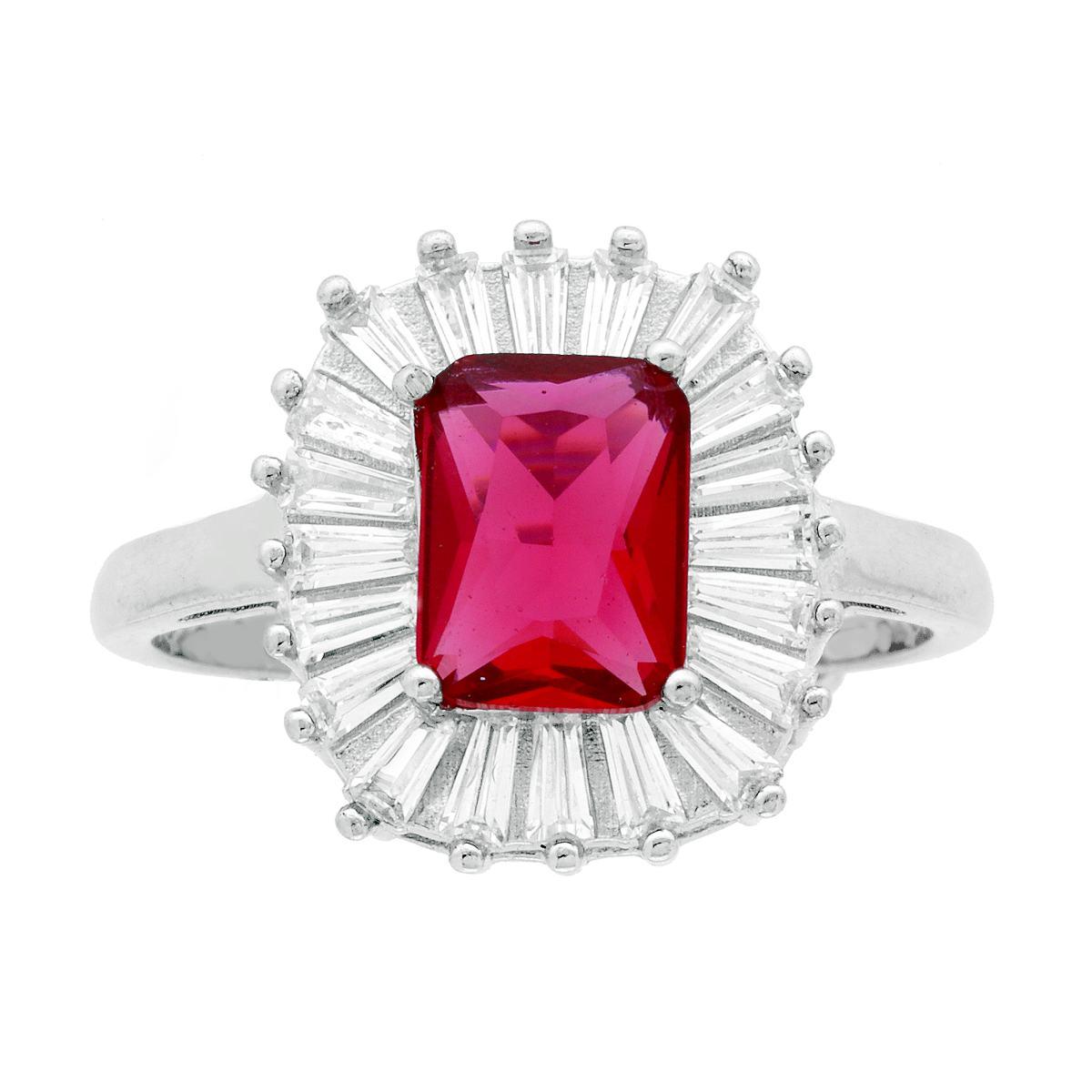 Anello Solitario Rettangolare Cubic Zirconia Rosso Rubino contornato da Cubic Zirconia Trapezio Bianchi in ARGENTO 925 Galvanica Rodio