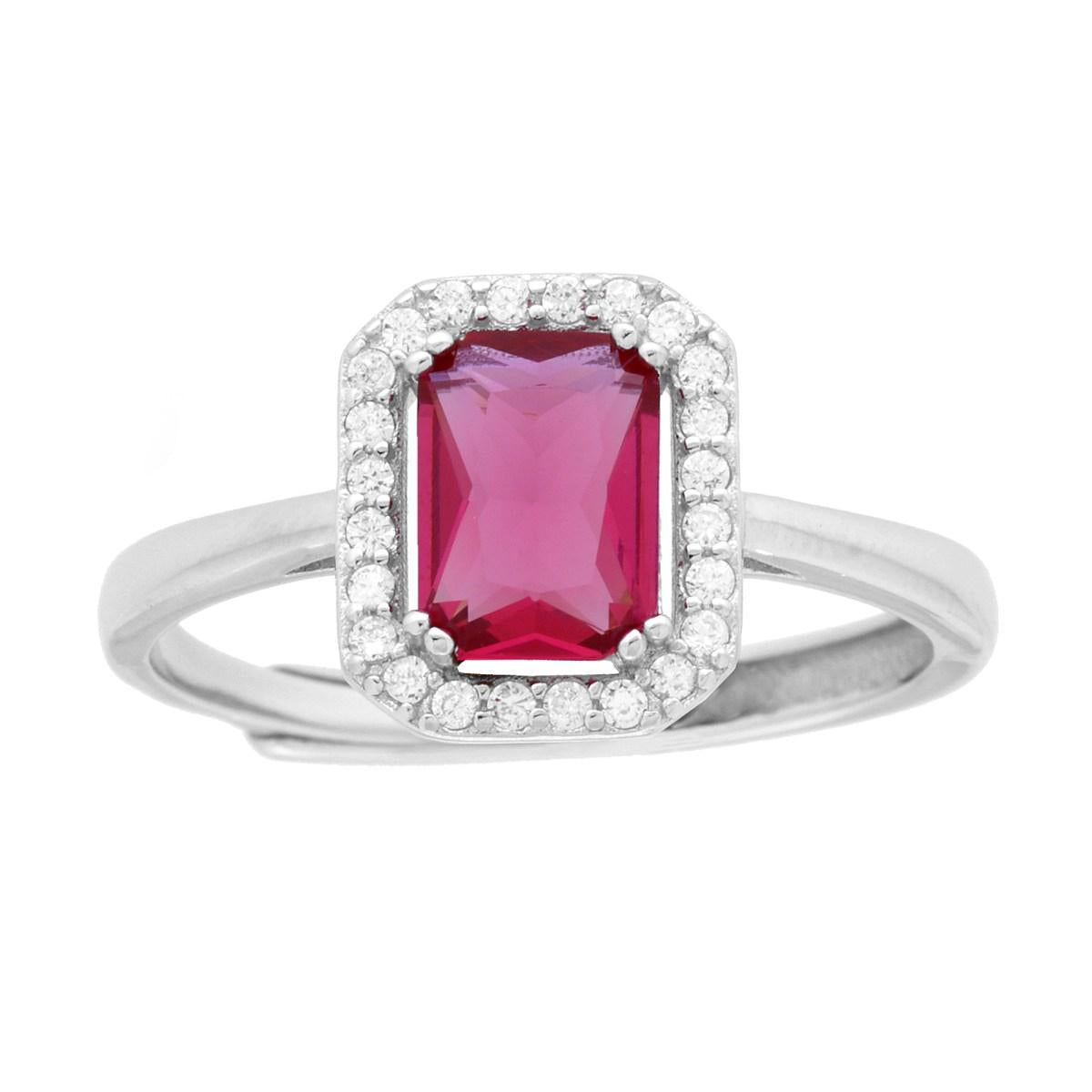 Anello Solitario Rettangolare Cubic Zirconia Rosso Rubino contornato da Cubic Zirconia Bianchi in ARGENTO 925 Galvanica Rodio