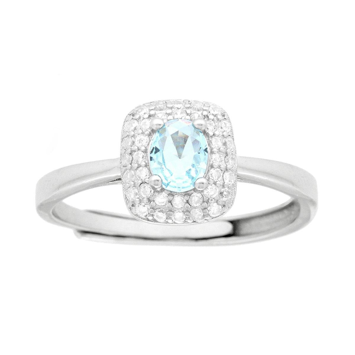 Anello Solitario Rettangolare Cubic Zirconia Ovale Acquamarina contornato da Cubic Zirconia Bianchi in ARGENTO 925 Galvanica Rodio