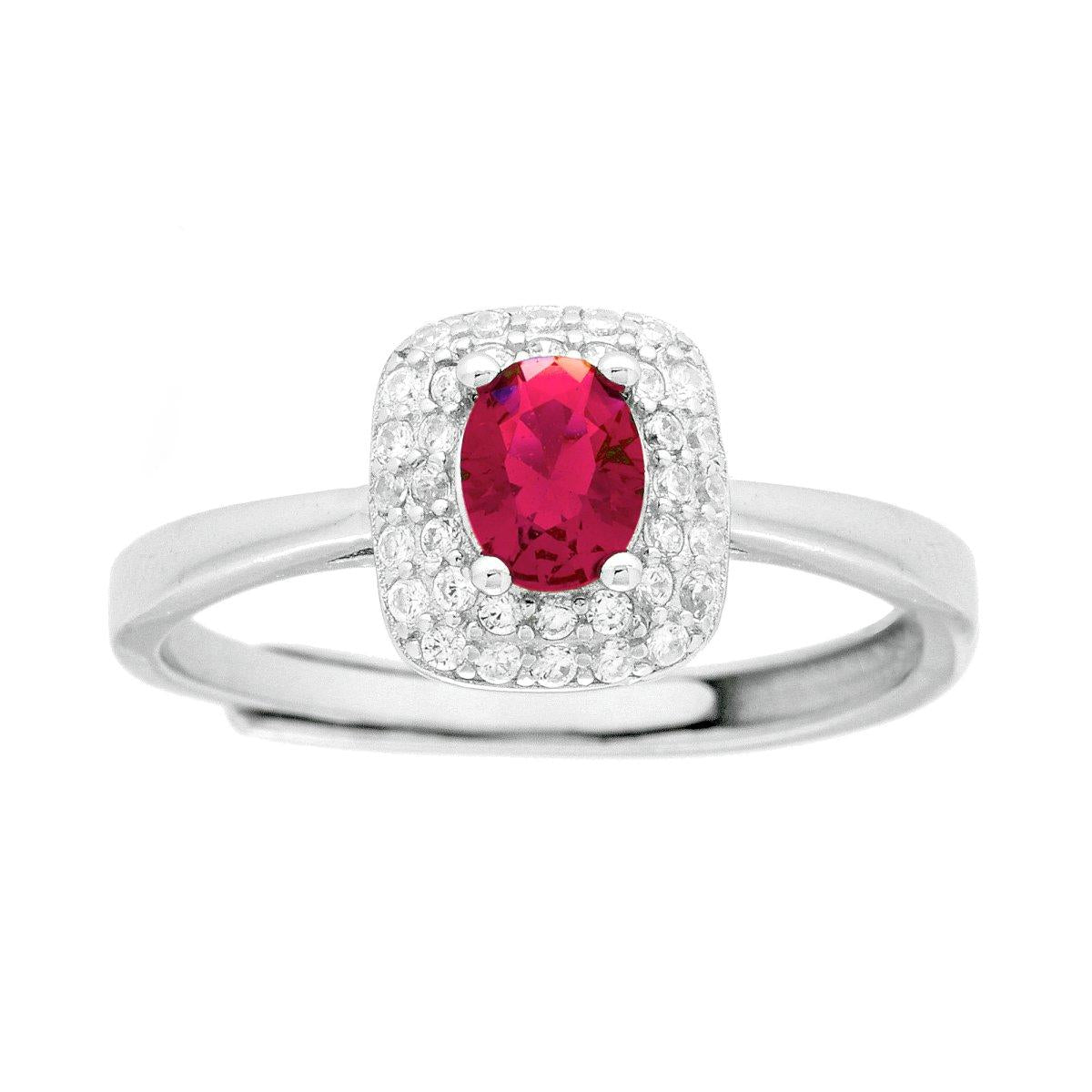 Anello Solitario Rettangolare Cubic Zirconia Ovale Rosso Rubino contornato da Cubic Zirconia Bianchi in ARGENTO 925 Galvanica Rodio
