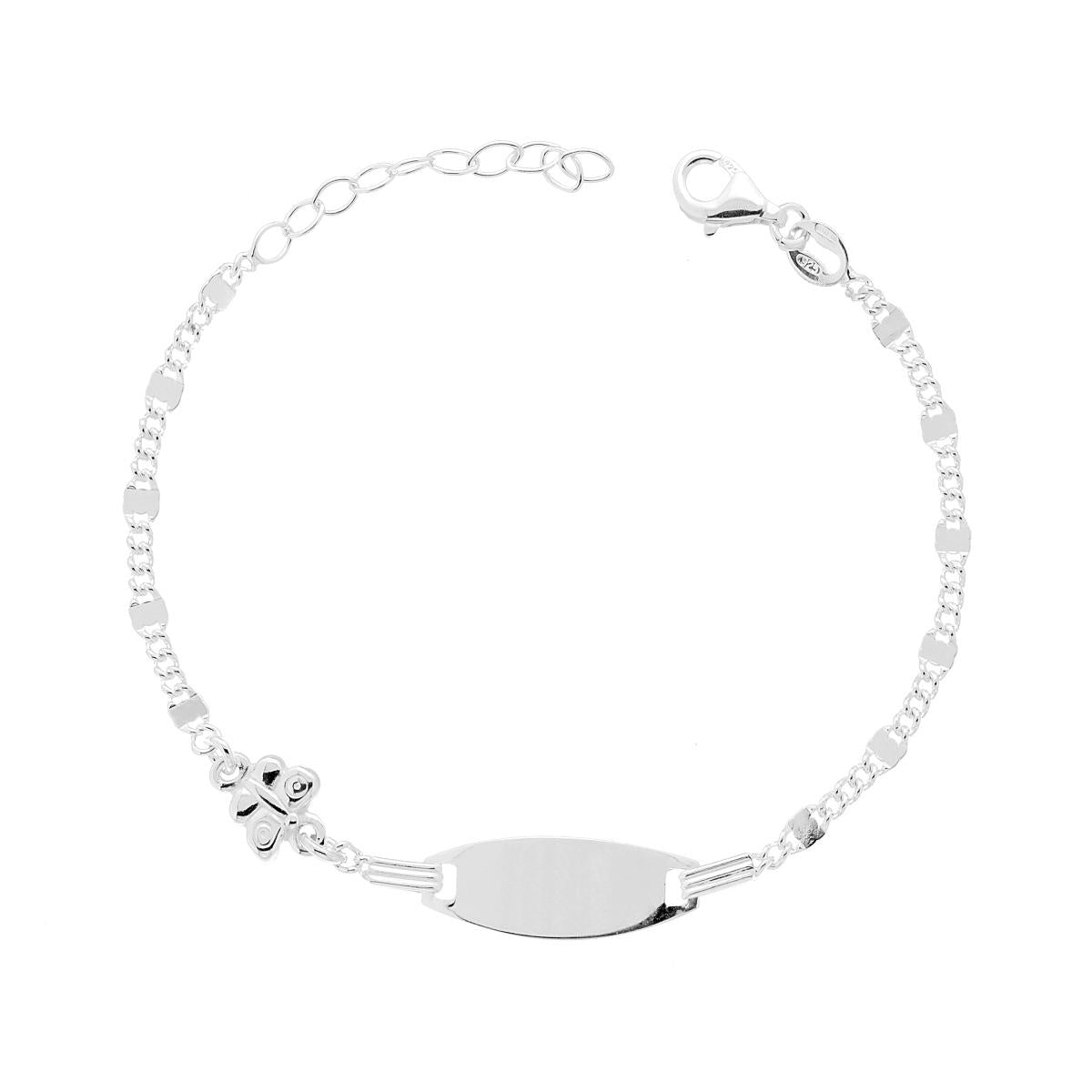 Bracciale Targa Ovale Bimbo Bimba con catena Grumetta Diamantata e Farfalla in ARGENTO 925