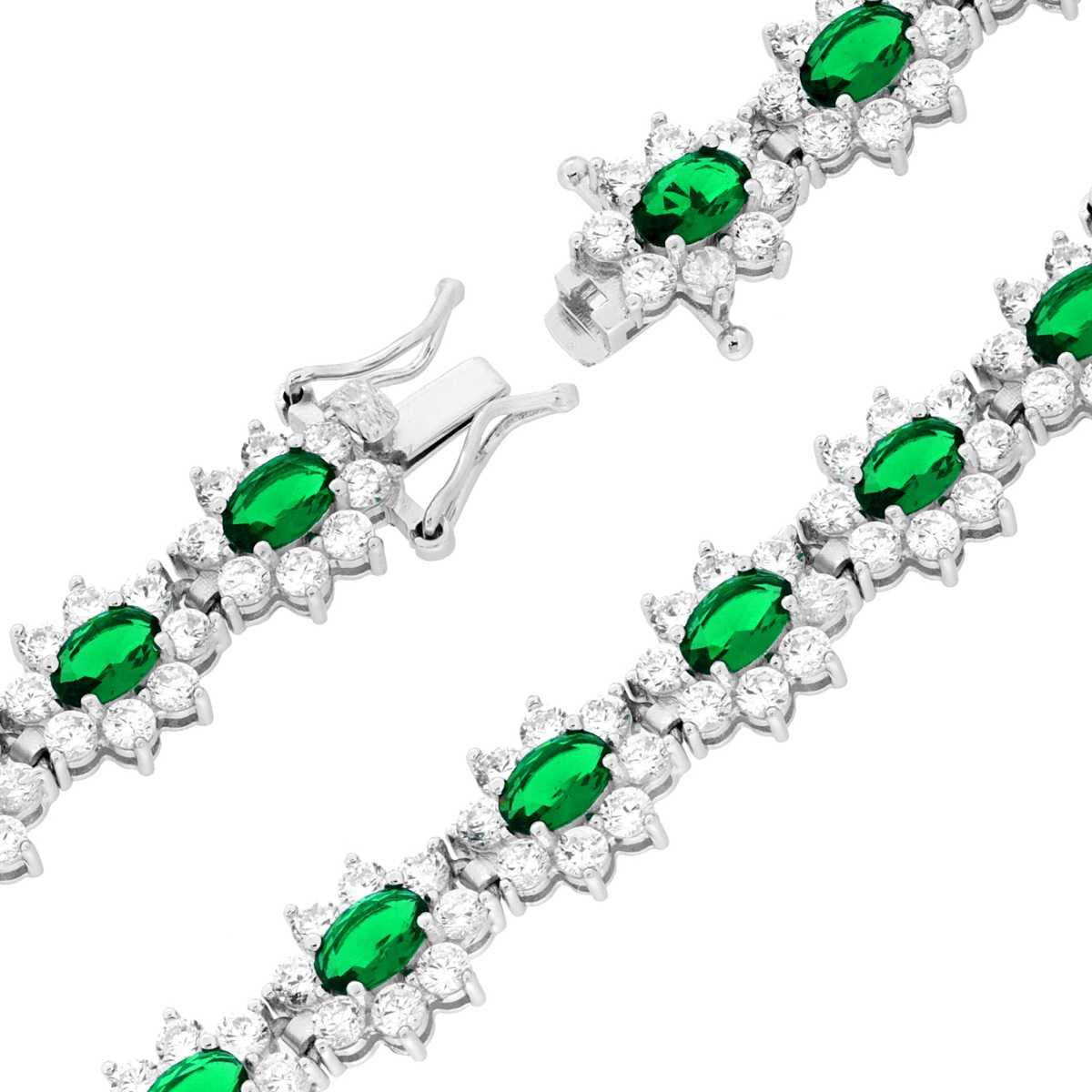 Bracciale Tennis cm 18 Ovali Verde Smeraldo contornati da Cubic Zirconia Bianchi in ARGENTO 925 Galvanica Rodio