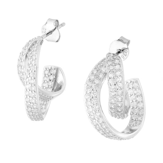 Orecchini Cerchio con due Nastri con Cubic Zirconia Bianchi in ARGENTO 925 Galvanica Rodio