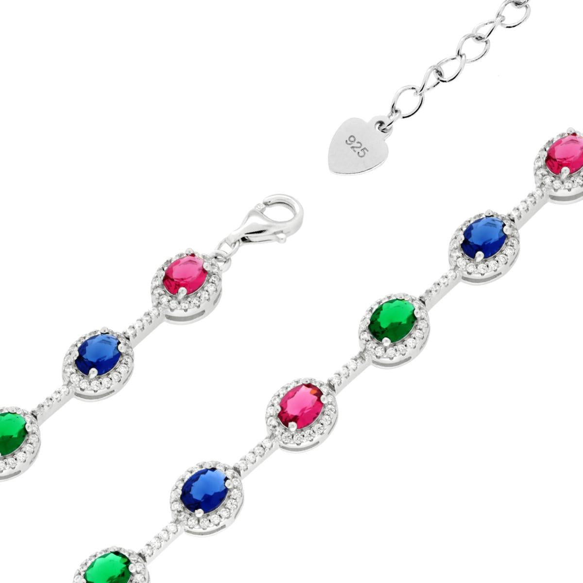 Bracciale Tennis Ovali Multicolor contornati da Cubic Zirconia Bianchi in ARGENTO 925 Galvanica Rodio