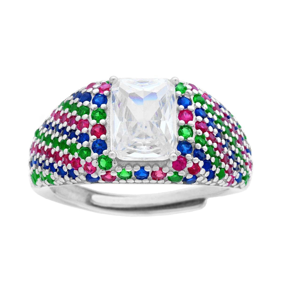 Anello Chevalier Sigillo Rettangolo Cubic Zirconia Bianco e Mulicolor Rubino Smeraldo e Zaffiro in ARGENTO 925 Galvanica Rodio