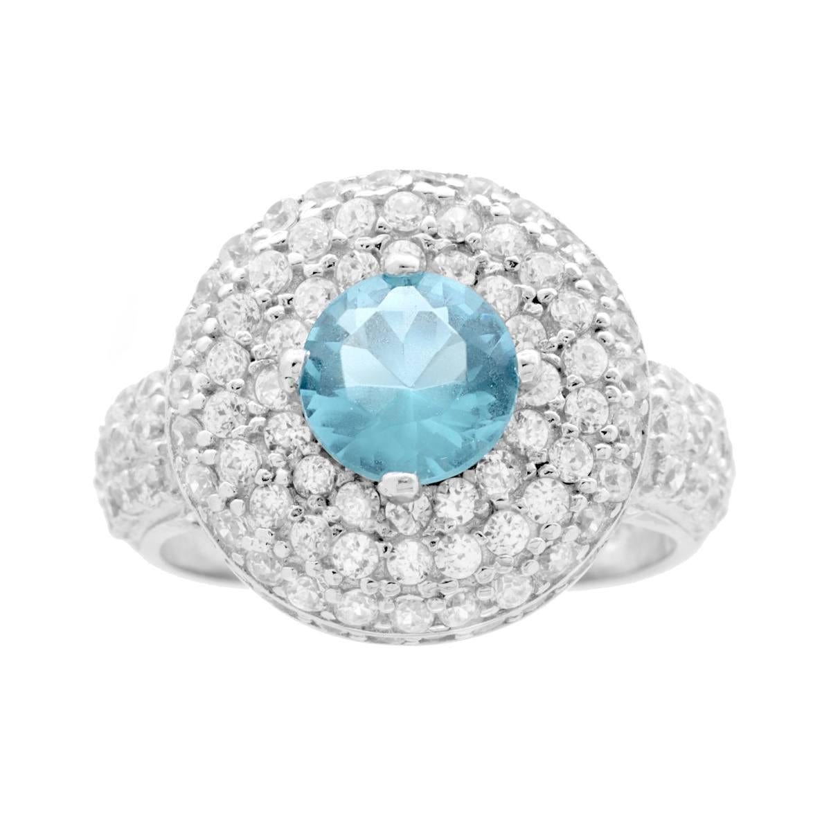 Anello con Pietra Naturale Acquamarina contornata da Cubic Zirconia Bianchi in ARGENTO 925 Galvanica Rodio