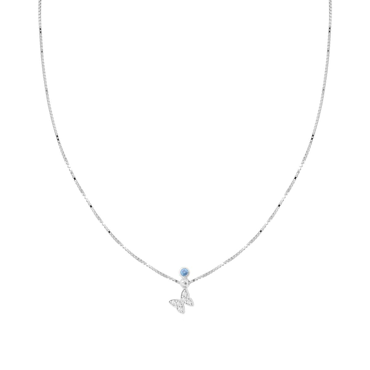 Collana Catena Veneziana Diamantata con Farfalla Cubic Zirconia Bianchi e Punto Luce Acquamarina in ARGENTO 925 Galvanica Rodio