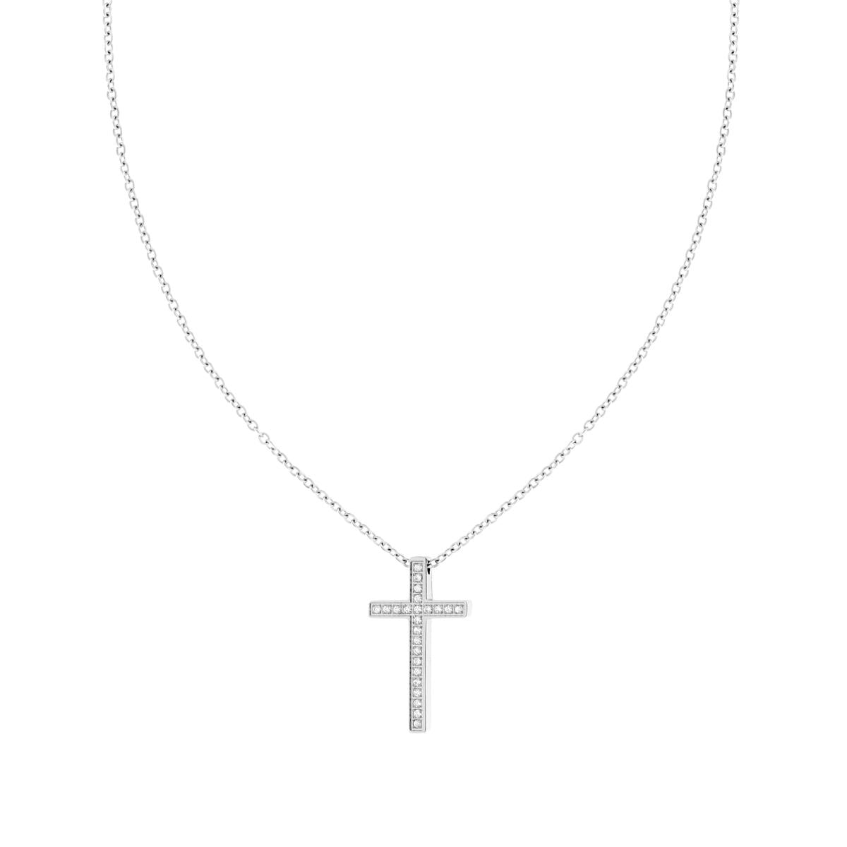 Collana Catena Forzatina Diamantata con Croce e Crystal Bianchi in ACCIAIO