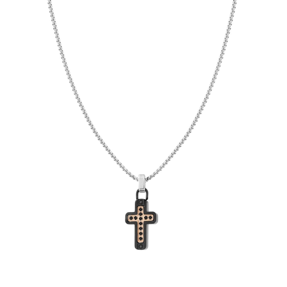 Collana Catena Veneziana Tonda con Croce Nero Rosa e Crystal Nero in ACCIAIO