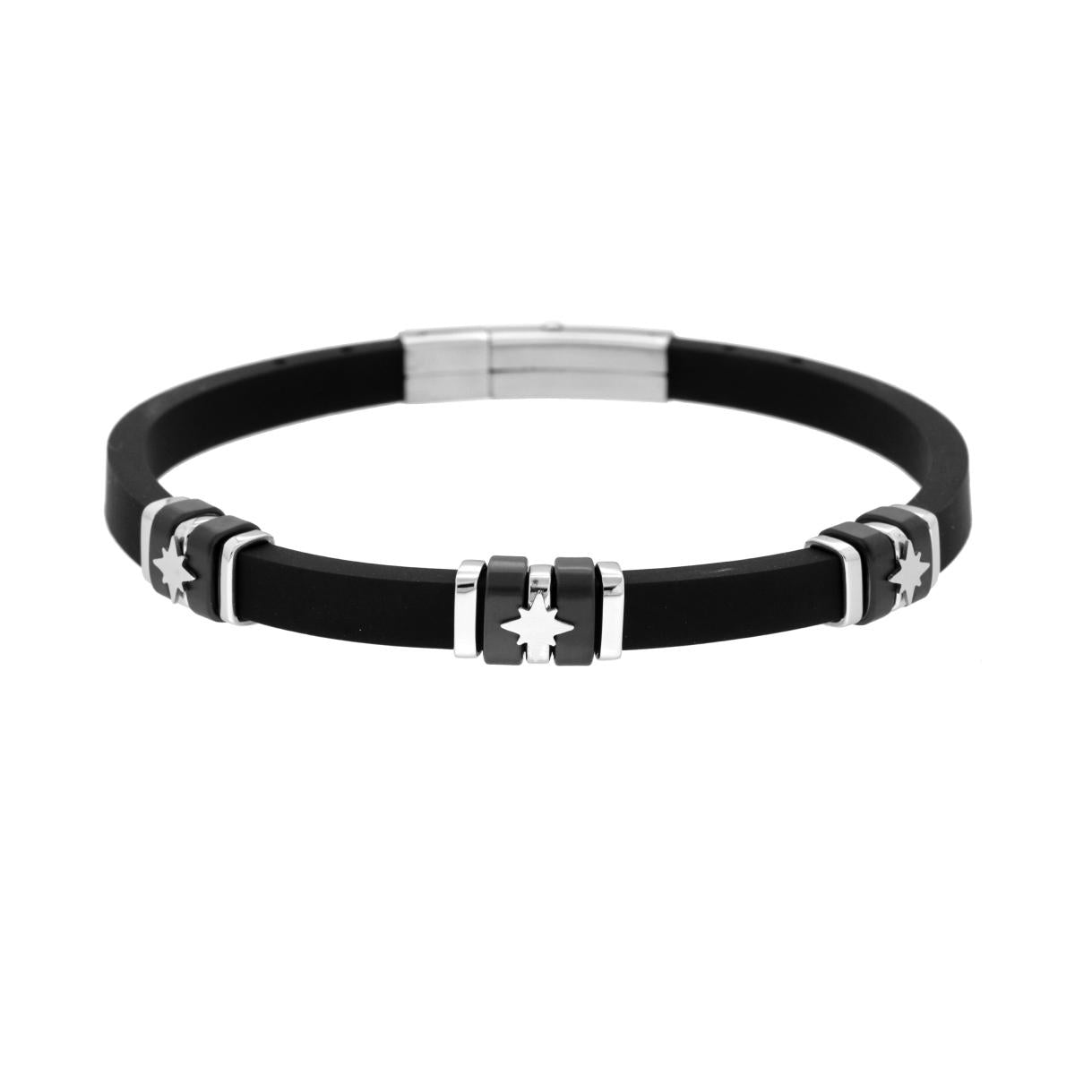 Bracciale in PVC Caucciu Nero con Rosa dei Venti e Accessori colore Nero in ACCIAIO