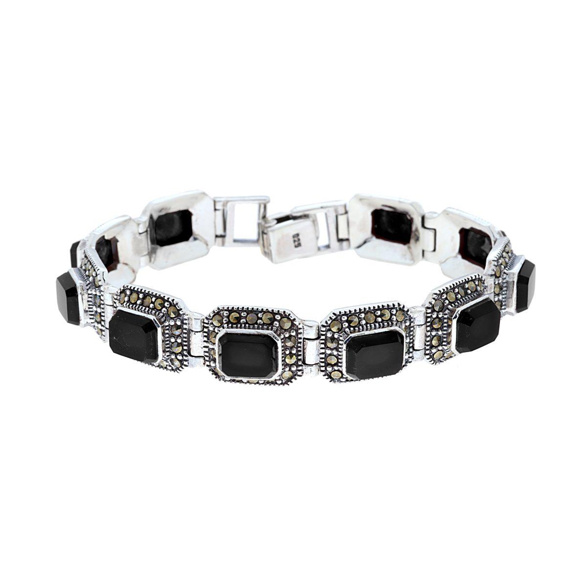 Bracciale Etnico Thailandese con Pietre Rettangolari Onice Nero e Marcassite in ARGENTO 925