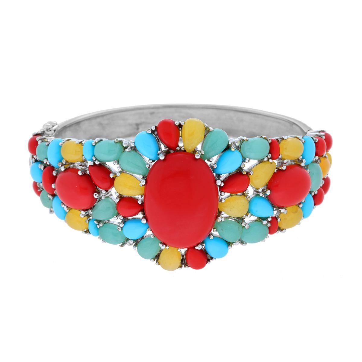 Bracciale Etnico Thailandese Rigido con Fiore con Pietre Multicolor in ARGENTO 925