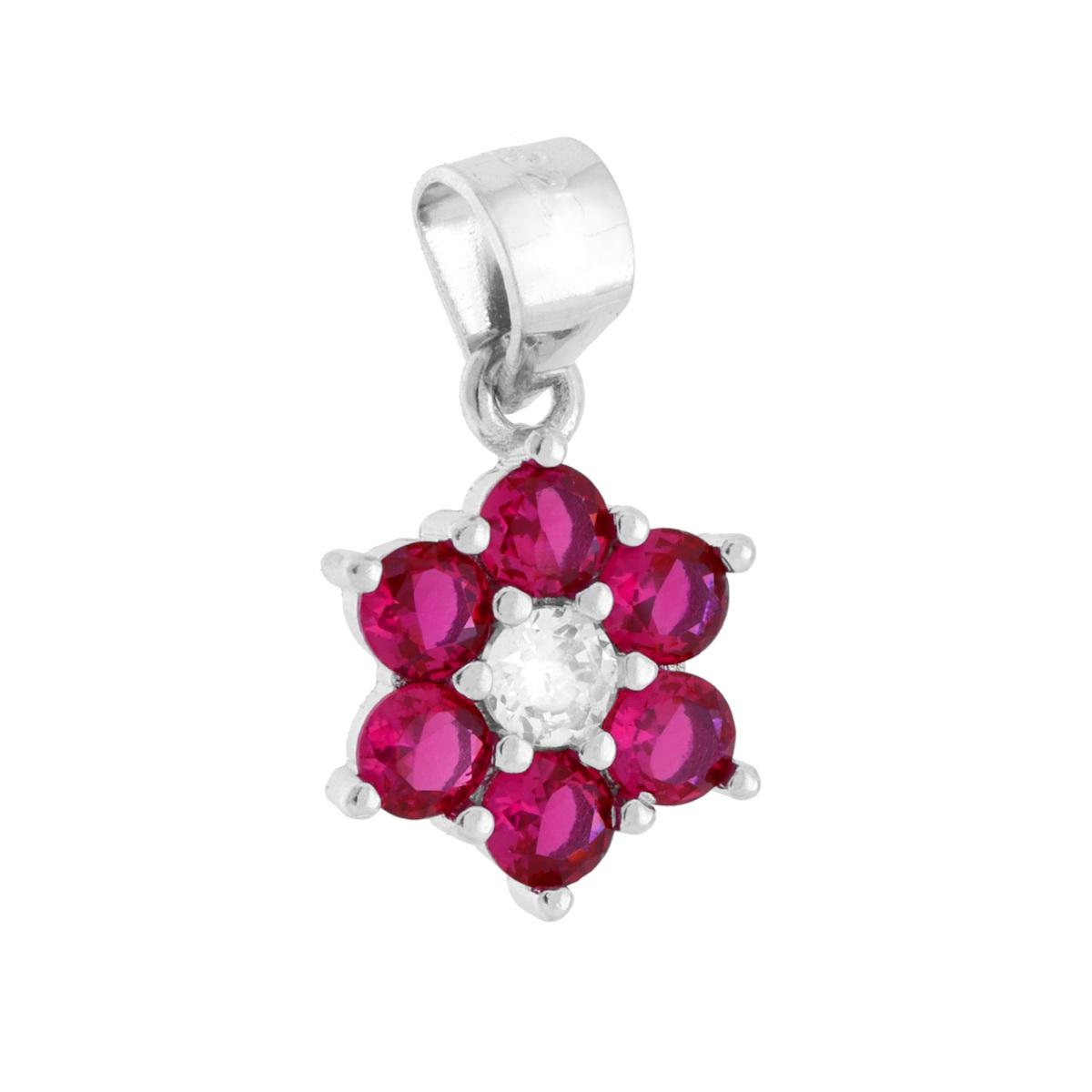 Ciondolo Fiore Punto Luce con Cubic Zirconia Rosso Rubino e Bianco in ARGENTO 925 Galvanica Rodio