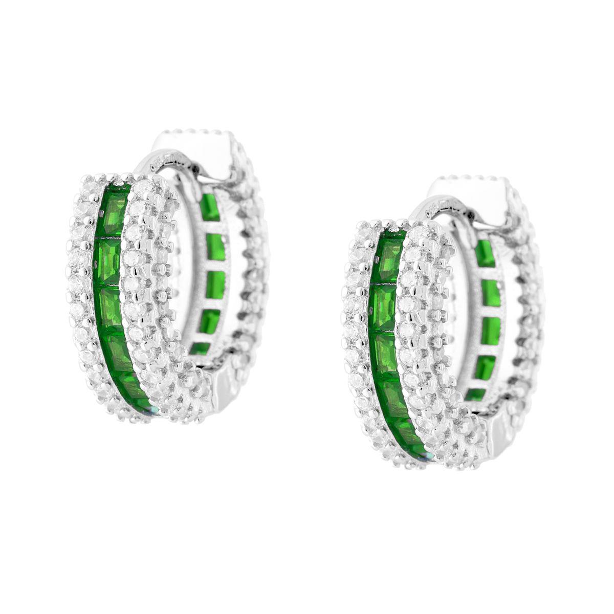 Orecchini Cerchio Creola Scattino con Cubic Zirconia Verde Smeraldo e Bianchi in ARGENTO 925 Galvanica Rodio