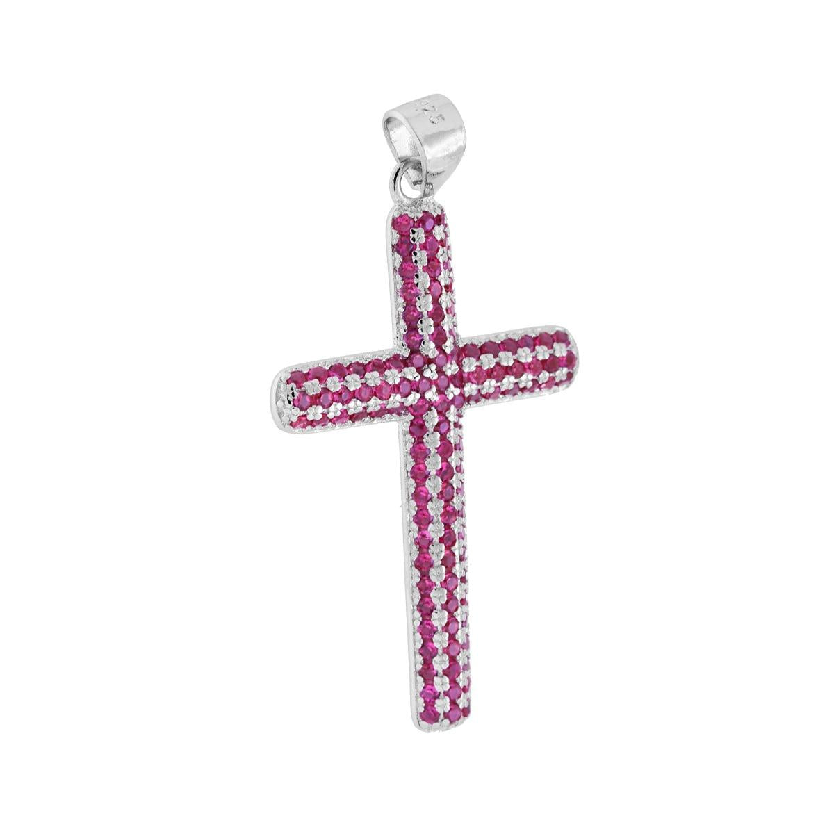 Ciondolo Croce con Cubic Zirconia Rosso Rubino in ARGENTO 925 Galvanica Rodio